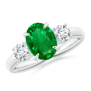 9x7mm AAAA Oval Emerald and Round Diamond Three Stone Ring in P950 Platinum