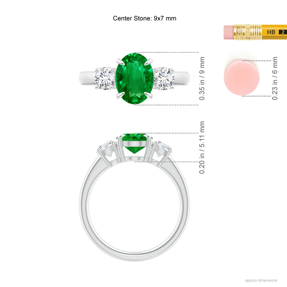 9x7mm AAAA Oval Emerald and Round Diamond Three Stone Ring in White Gold Ruler
