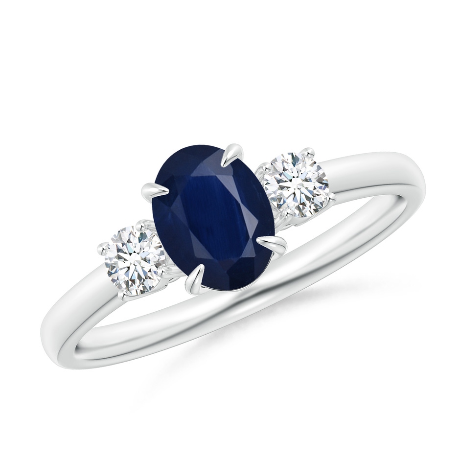 7x5mm A Oval Sapphire and Round Diamond Three Stone Ring in White Gold 