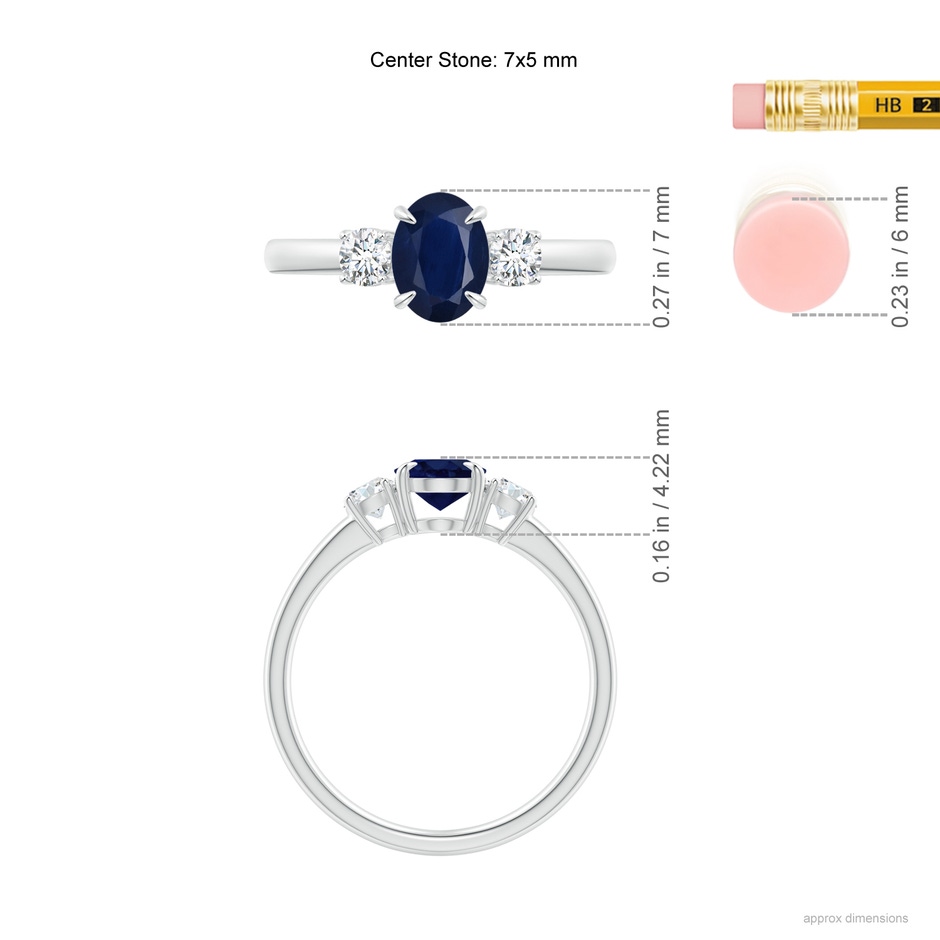 7x5mm A Oval Sapphire and Round Diamond Three Stone Ring in White Gold ruler