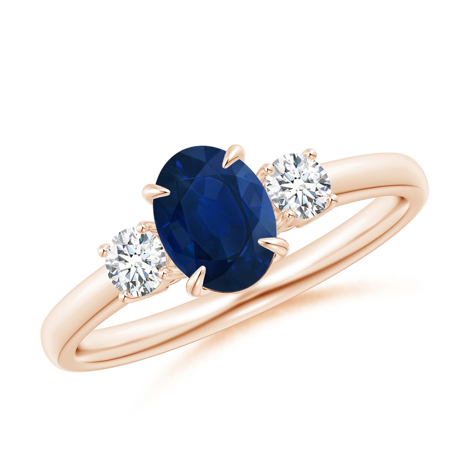 7x5mm AA Oval Sapphire and Round Diamond Three Stone Ring in Rose Gold 