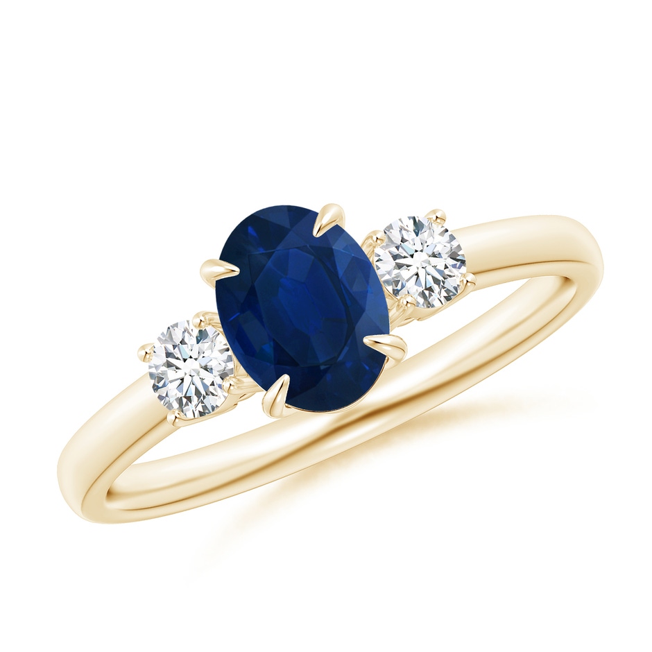 7x5mm AA Oval Sapphire and Round Diamond Three Stone Ring in Yellow Gold 