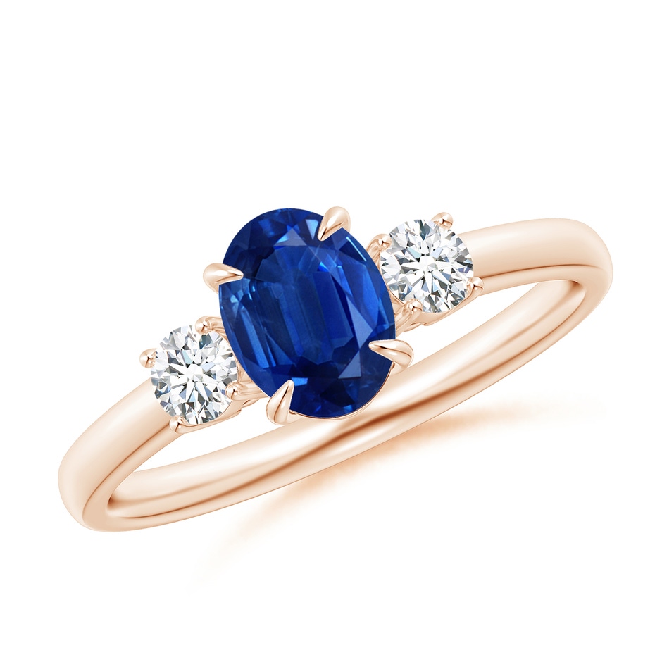 7x5mm AAA Oval Sapphire and Round Diamond Three Stone Ring in Rose Gold 