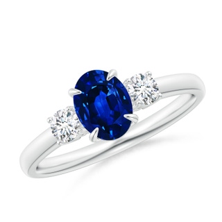7x5mm AAAA Oval Sapphire and Round Diamond Three Stone Ring in P950 Platinum