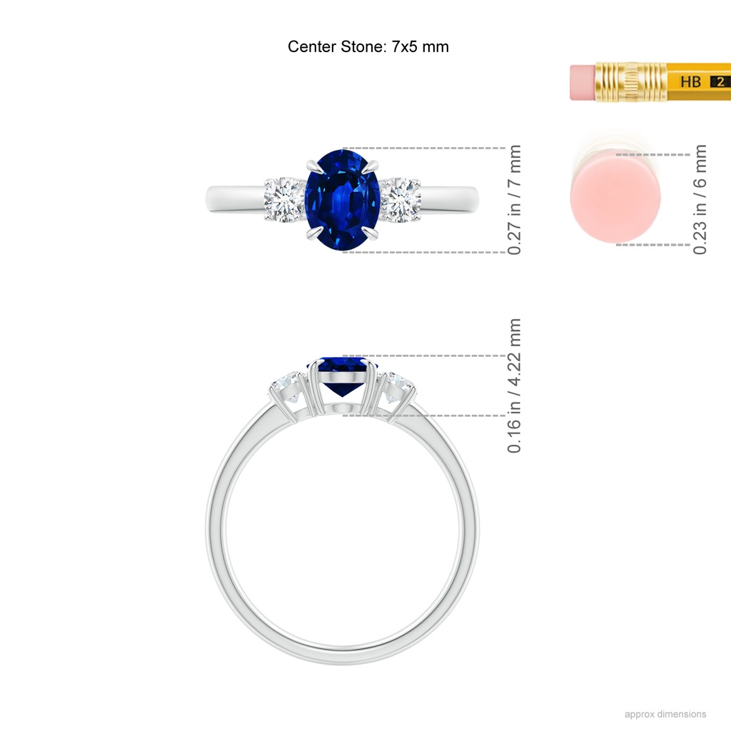 7x5mm AAAA Oval Sapphire and Round Diamond Three Stone Ring in P950 Platinum Ruler