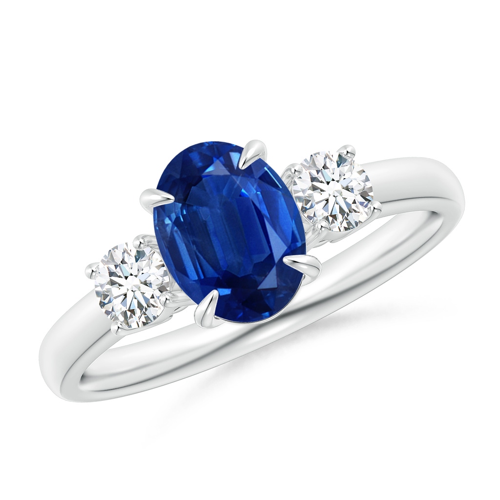 8x6mm AAA Oval Sapphire and Round Diamond Three Stone Ring in P950 Platinum