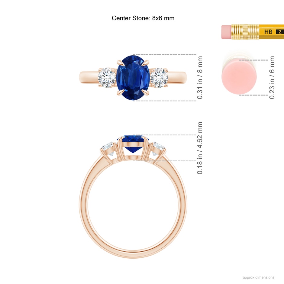 8x6mm AAA Oval Sapphire and Round Diamond Three Stone Ring in Rose Gold ruler