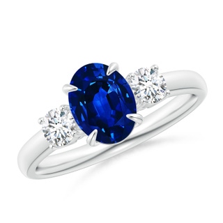 8x6mm AAAA Oval Sapphire and Round Diamond Three Stone Ring in P950 Platinum