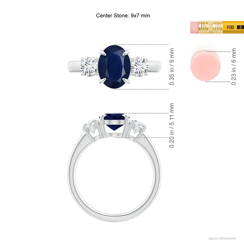9x7mm A Oval Sapphire and Round Diamond Three Stone Ring in P950 Platinum Ruler