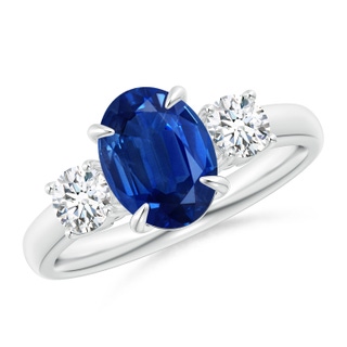 9x7mm AAA Oval Sapphire and Round Diamond Three Stone Ring in White Gold