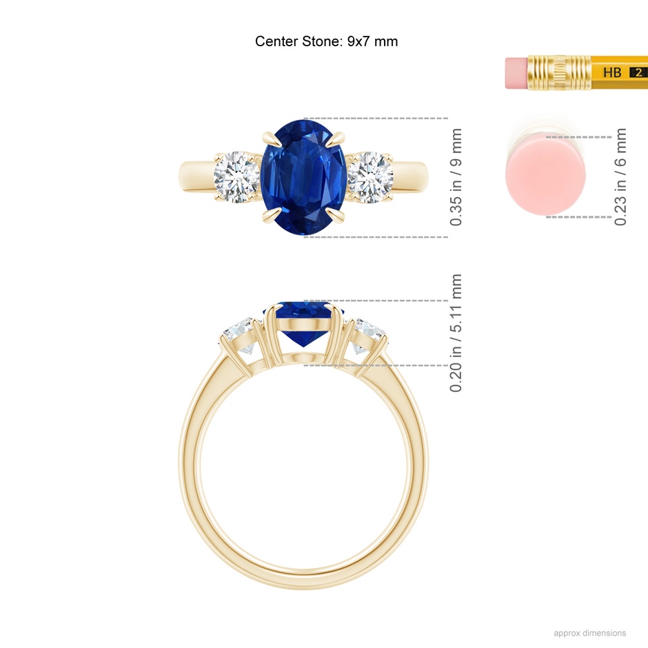 9x7mm AAA Oval Sapphire and Round Diamond Three Stone Ring in Yellow Gold ruler