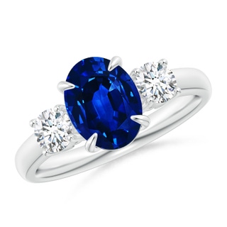 9x7mm AAAA Oval Sapphire and Round Diamond Three Stone Ring in P950 Platinum