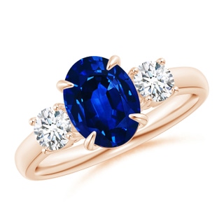 9x7mm AAAA Oval Sapphire and Round Diamond Three Stone Ring in Rose Gold