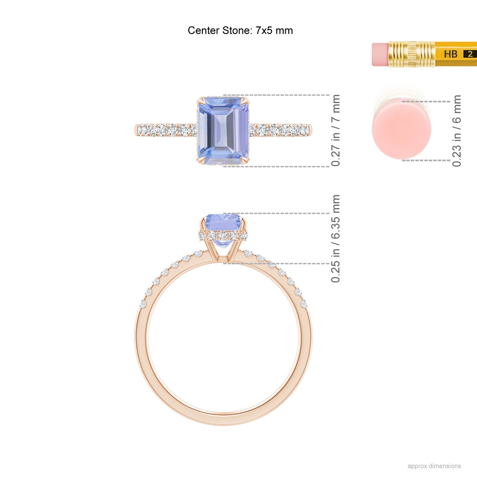 7x5mm A Emerald-Cut Tanzanite Engagement Ring with Diamonds in Rose Gold ruler