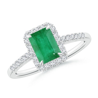 7x5mm A Emerald-Cut Emerald Ring with Diamond Halo in P950 Platinum