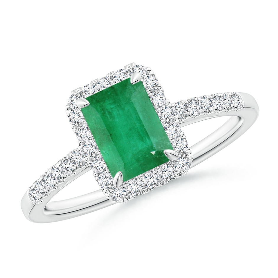 7x5mm A Emerald-Cut Emerald Ring with Diamond Halo in White Gold 