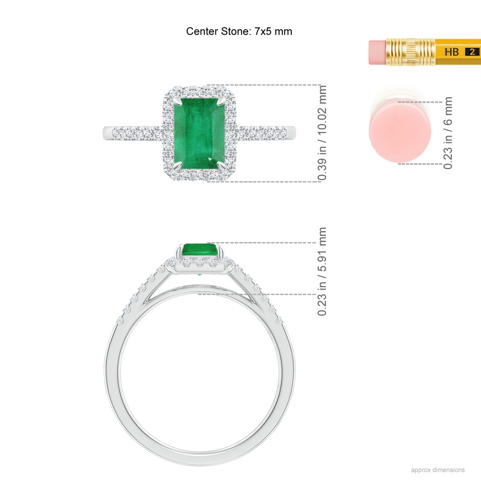 7x5mm A Emerald-Cut Emerald Ring with Diamond Halo in White Gold ruler