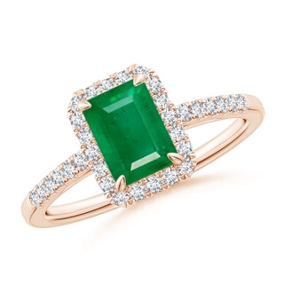 7x5mm AA Emerald-Cut Emerald Ring with Diamond Halo in Rose Gold