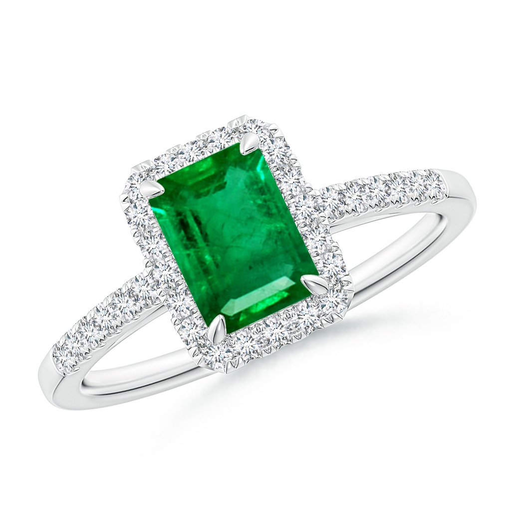 7x5mm AAA Emerald-Cut Emerald Ring with Diamond Halo in White Gold