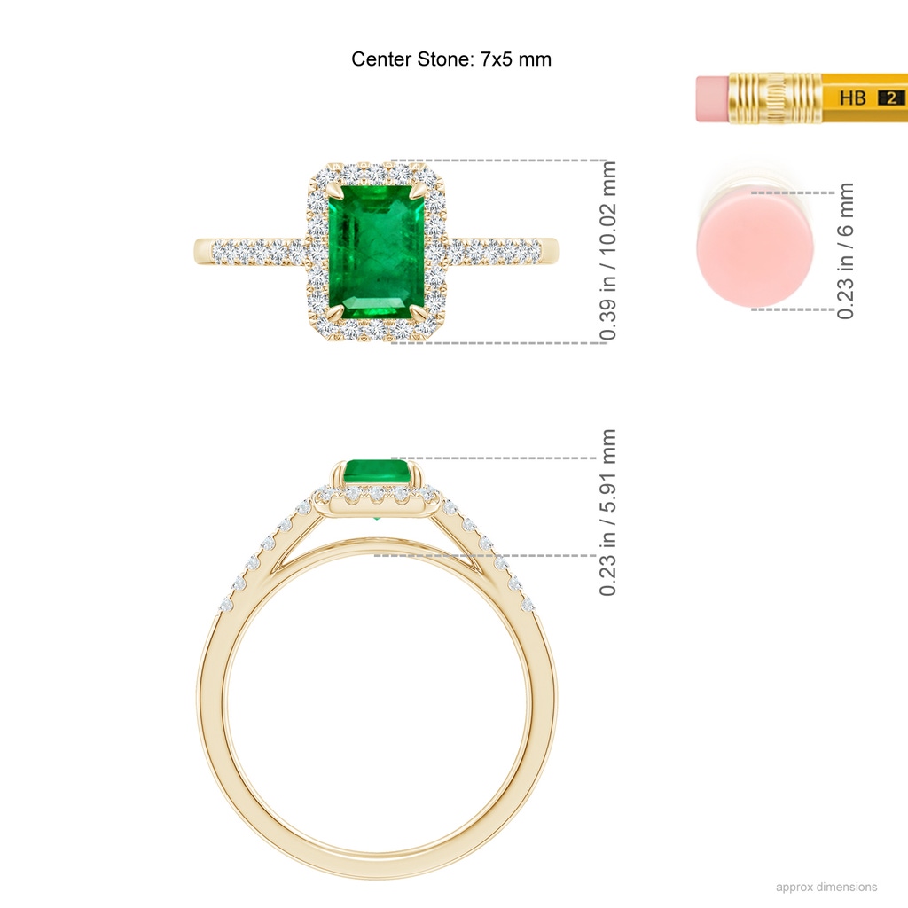 7x5mm AAA Emerald-Cut Emerald Ring with Diamond Halo in Yellow Gold Ruler