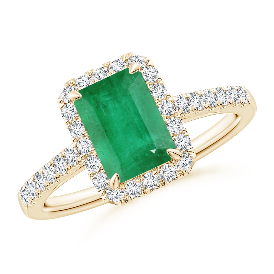 8x6mm A Emerald-Cut Emerald Ring with Diamond Halo in Yellow Gold 