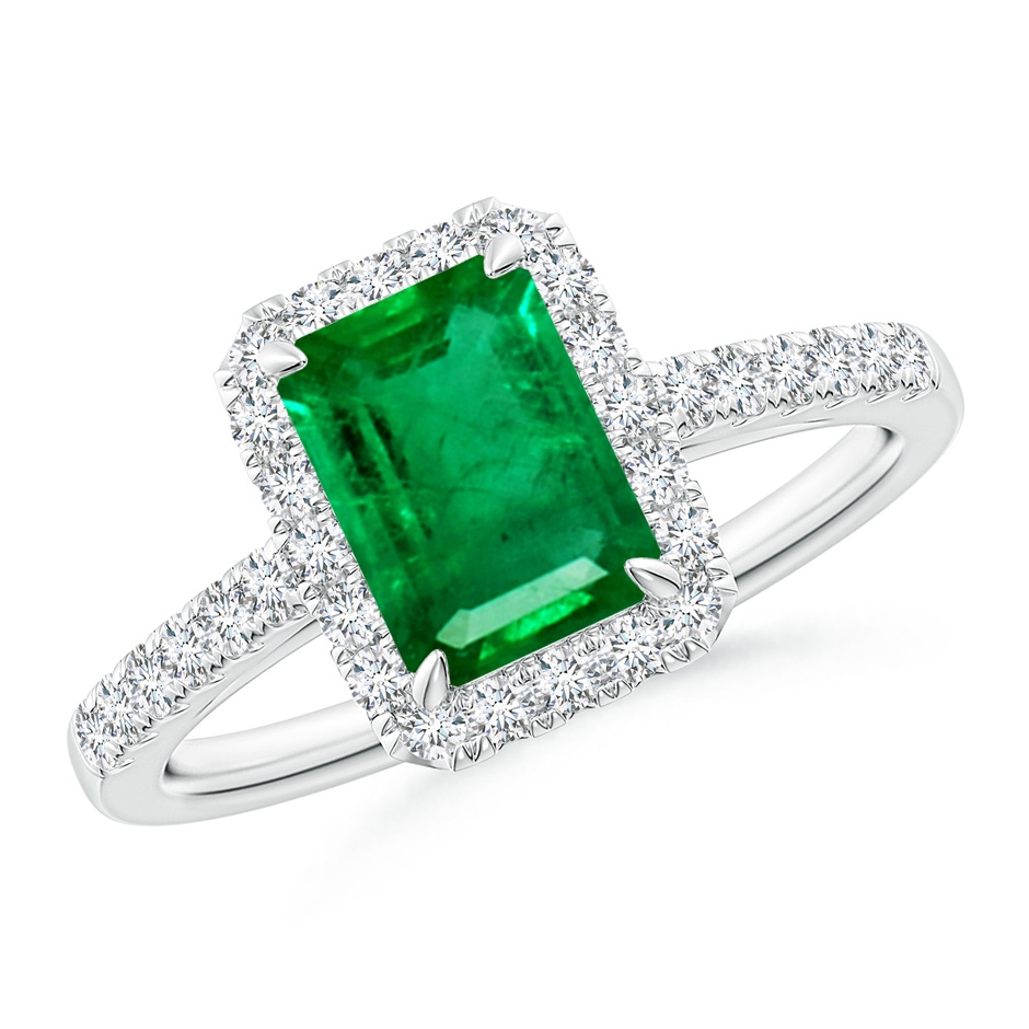 8x6mm AAA Emerald-Cut Emerald Ring with Diamond Halo in White Gold 