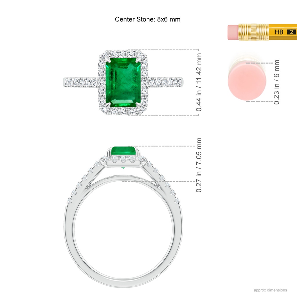8x6mm AAA Emerald-Cut Emerald Ring with Diamond Halo in White Gold Ruler