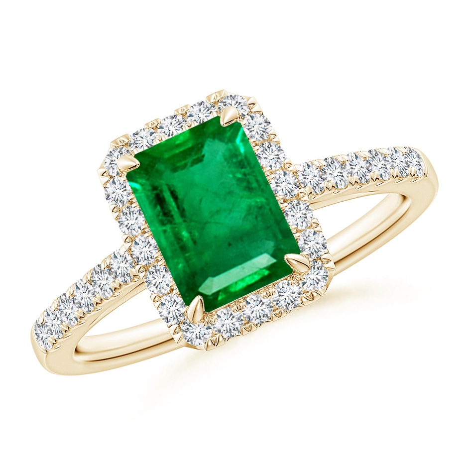 8x6mm AAA Emerald-Cut Emerald Ring with Diamond Halo in Yellow Gold 