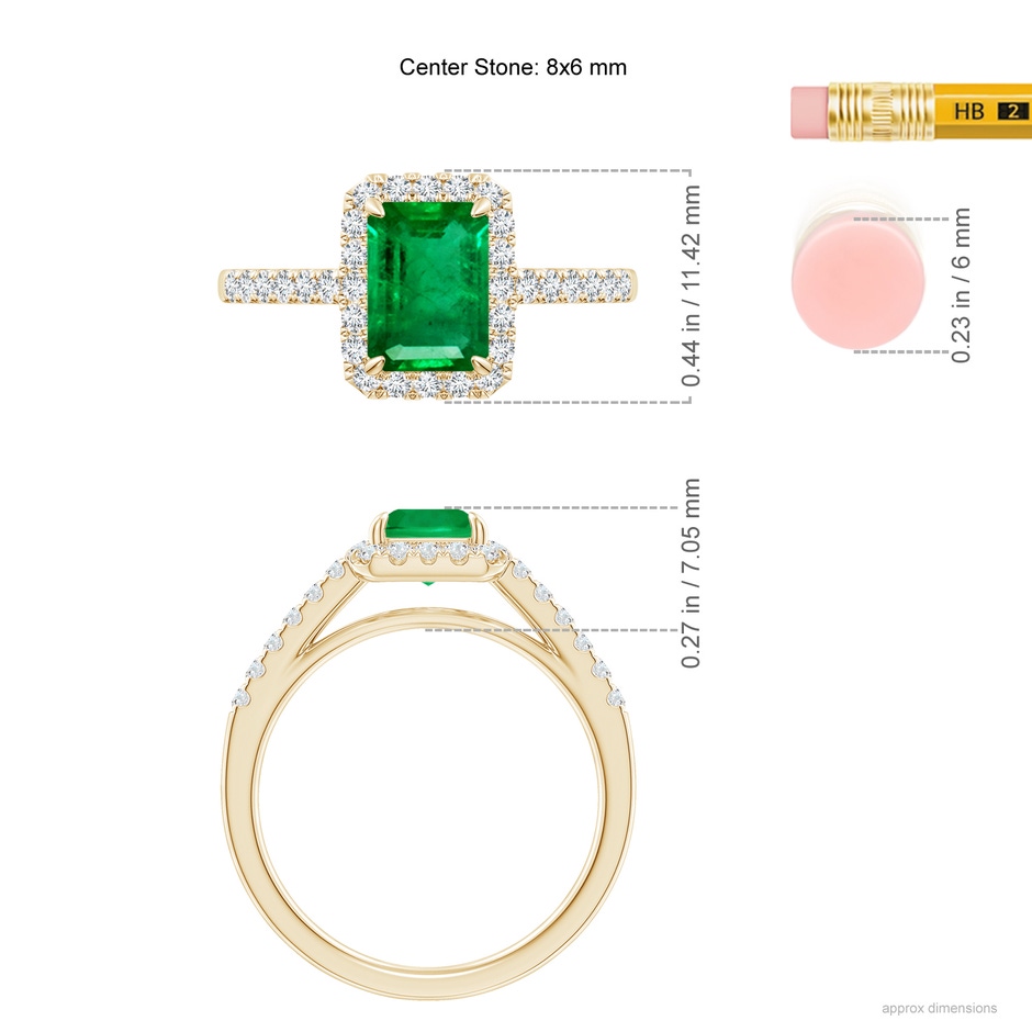 8x6mm AAA Emerald-Cut Emerald Ring with Diamond Halo in Yellow Gold ruler