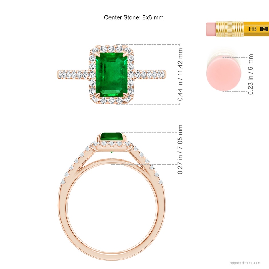 8x6mm Lab-Grown Emerald-Cut Emerald Ring with Diamond Halo in Rose Gold ruler