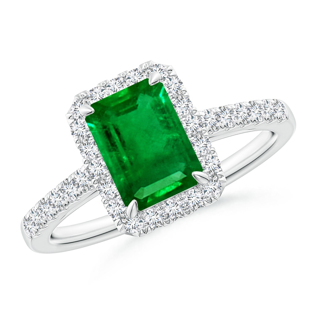 8x6mm Lab-Grown Emerald-Cut Emerald Ring with Diamond Halo in White Gold