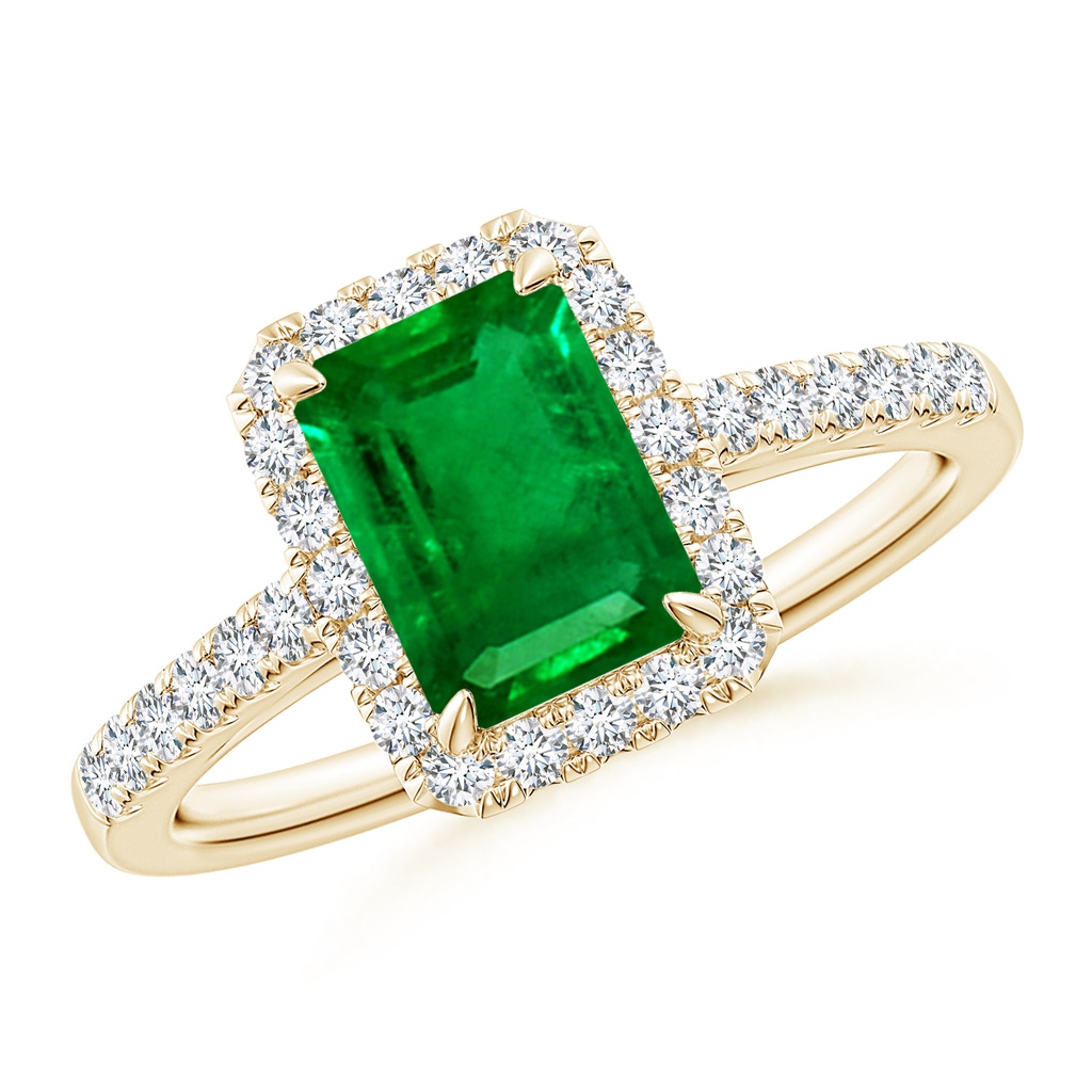 8x6mm Lab-Grown Emerald-Cut Emerald Ring with Diamond Halo in Yellow Gold