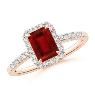 7x5mm AAAA Emerald-Cut Ruby Ring with Diamond Halo in Rose Gold