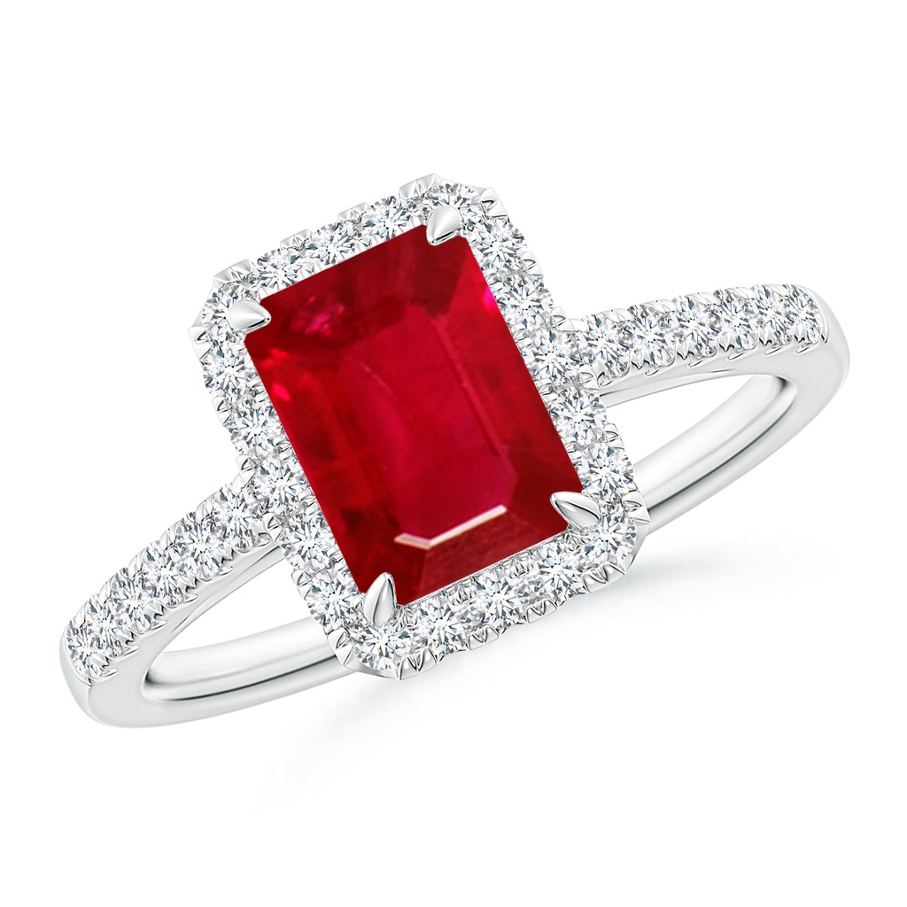 8x6mm AAA Emerald-Cut Ruby Ring with Diamond Halo in White Gold