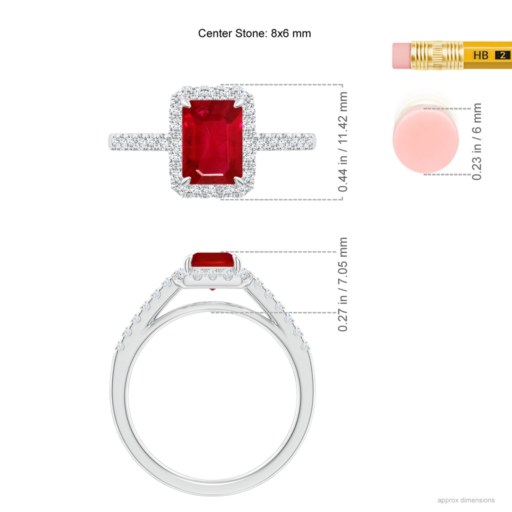 8x6mm AAA Emerald-Cut Ruby Ring with Diamond Halo in White Gold Ruler