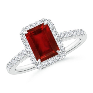 8x6mm AAAA Emerald-Cut Ruby Ring with Diamond Halo in P950 Platinum