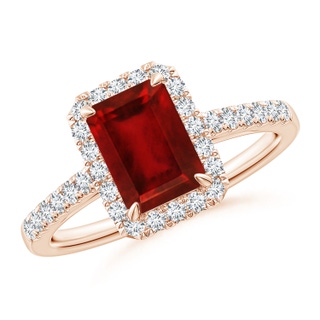 8x6mm AAAA Emerald-Cut Ruby Ring with Diamond Halo in Rose Gold