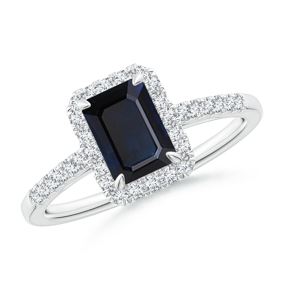 7x5mm A Emerald-Cut Sapphire Ring with Diamond Halo in White Gold 