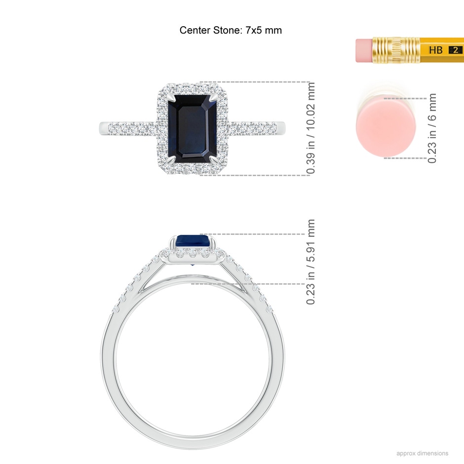 7x5mm A Emerald-Cut Sapphire Ring with Diamond Halo in White Gold ruler