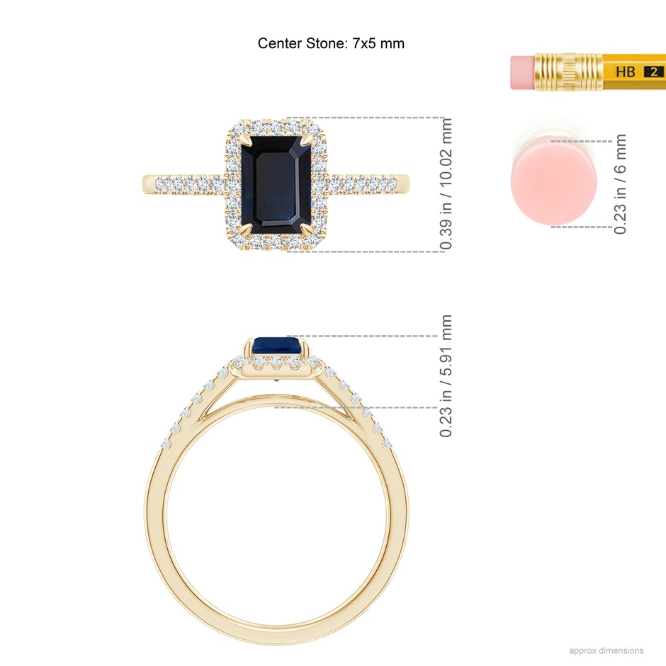 7x5mm A Emerald-Cut Sapphire Ring with Diamond Halo in Yellow Gold ruler