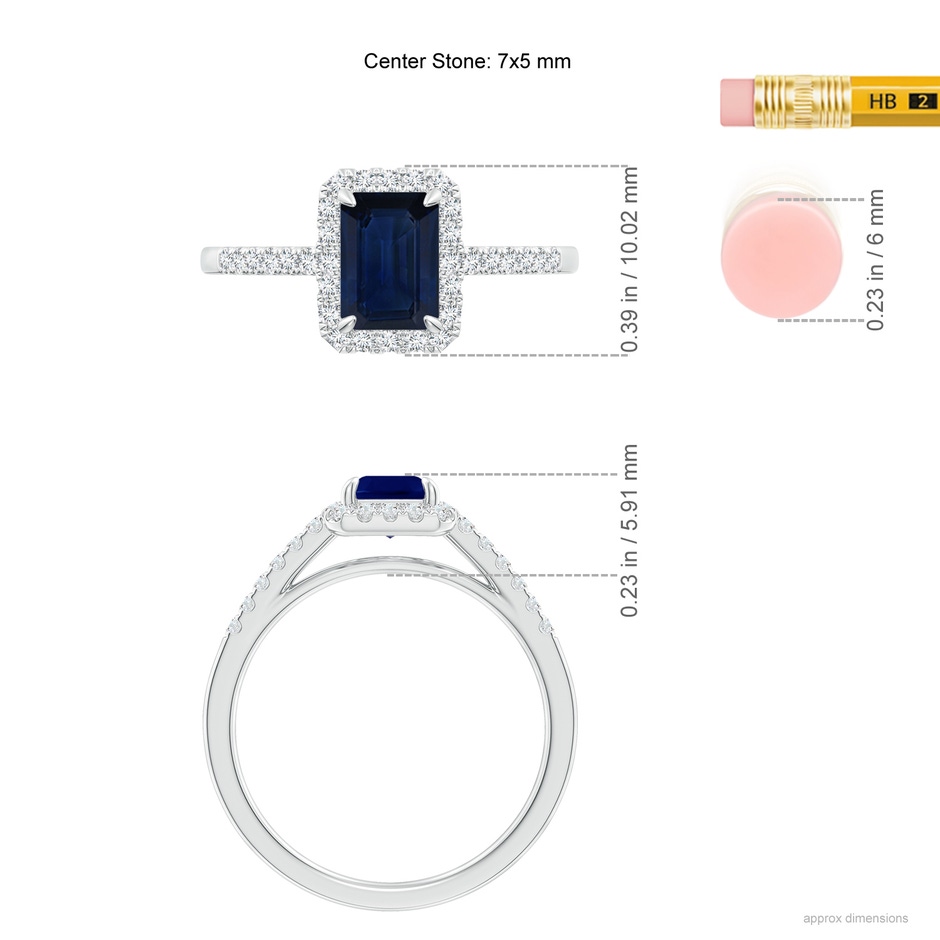 7x5mm AA Emerald-Cut Sapphire Ring with Diamond Halo in White Gold ruler