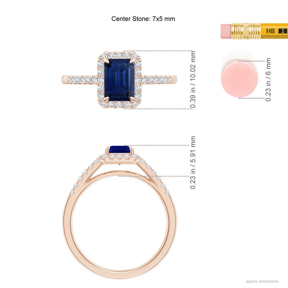 7x5mm AAA Emerald-Cut Sapphire Ring with Diamond Halo in Rose Gold ruler