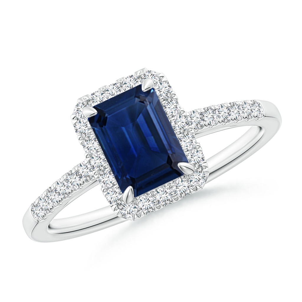 7x5mm AAA Emerald-Cut Sapphire Ring with Diamond Halo in White Gold