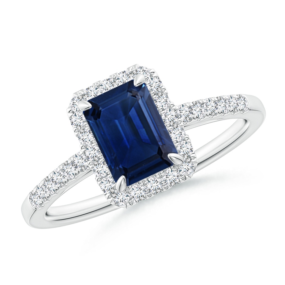 7x5mm AAA Emerald-Cut Sapphire Ring with Diamond Halo in White Gold 