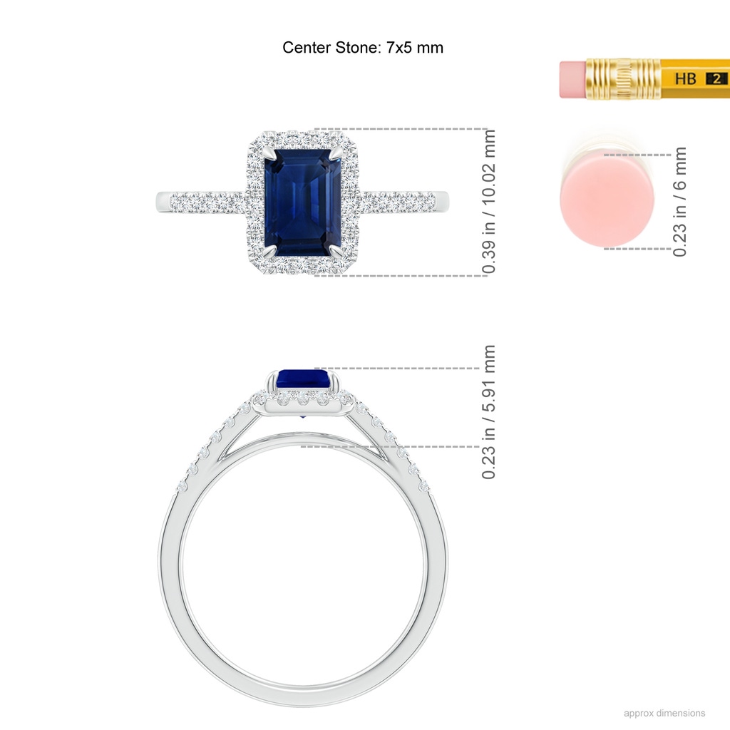 7x5mm AAA Emerald-Cut Sapphire Ring with Diamond Halo in White Gold Ruler