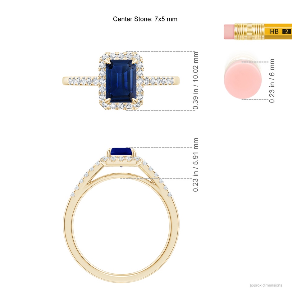 7x5mm AAA Emerald-Cut Sapphire Ring with Diamond Halo in Yellow Gold ruler