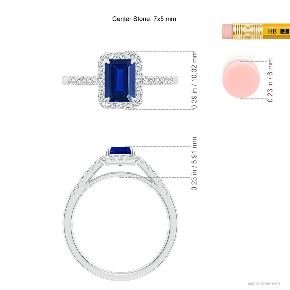 7x5mm AAAA Emerald-Cut Sapphire Ring with Diamond Halo in P950 Platinum ruler