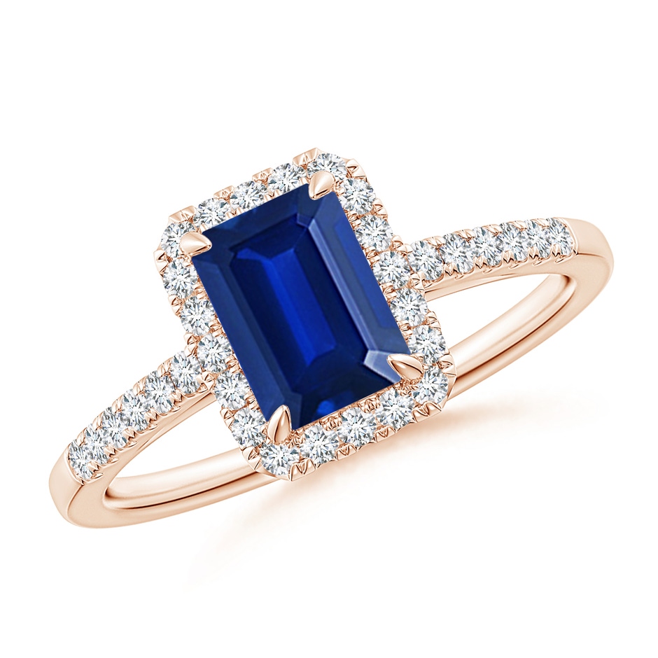 7x5mm Lab-Grown Emerald-Cut Sapphire Ring with Diamond Halo in Rose Gold 