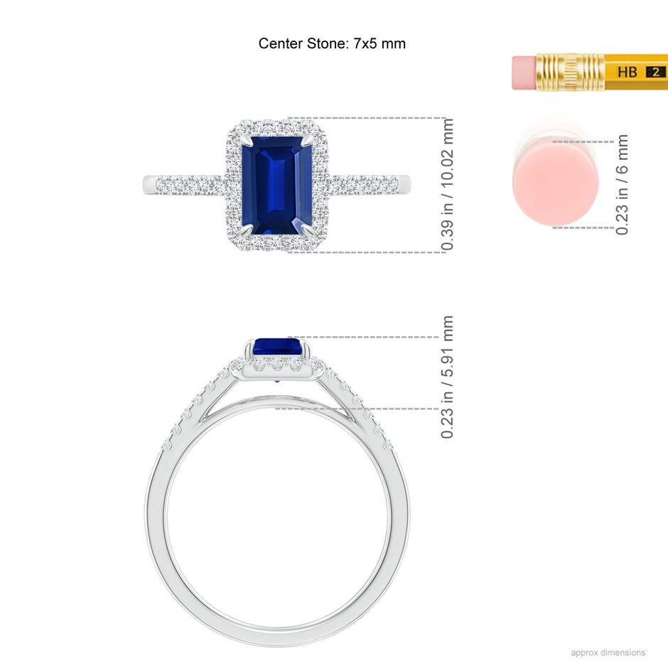 7x5mm Lab-Grown Emerald-Cut Sapphire Ring with Diamond Halo in White Gold ruler