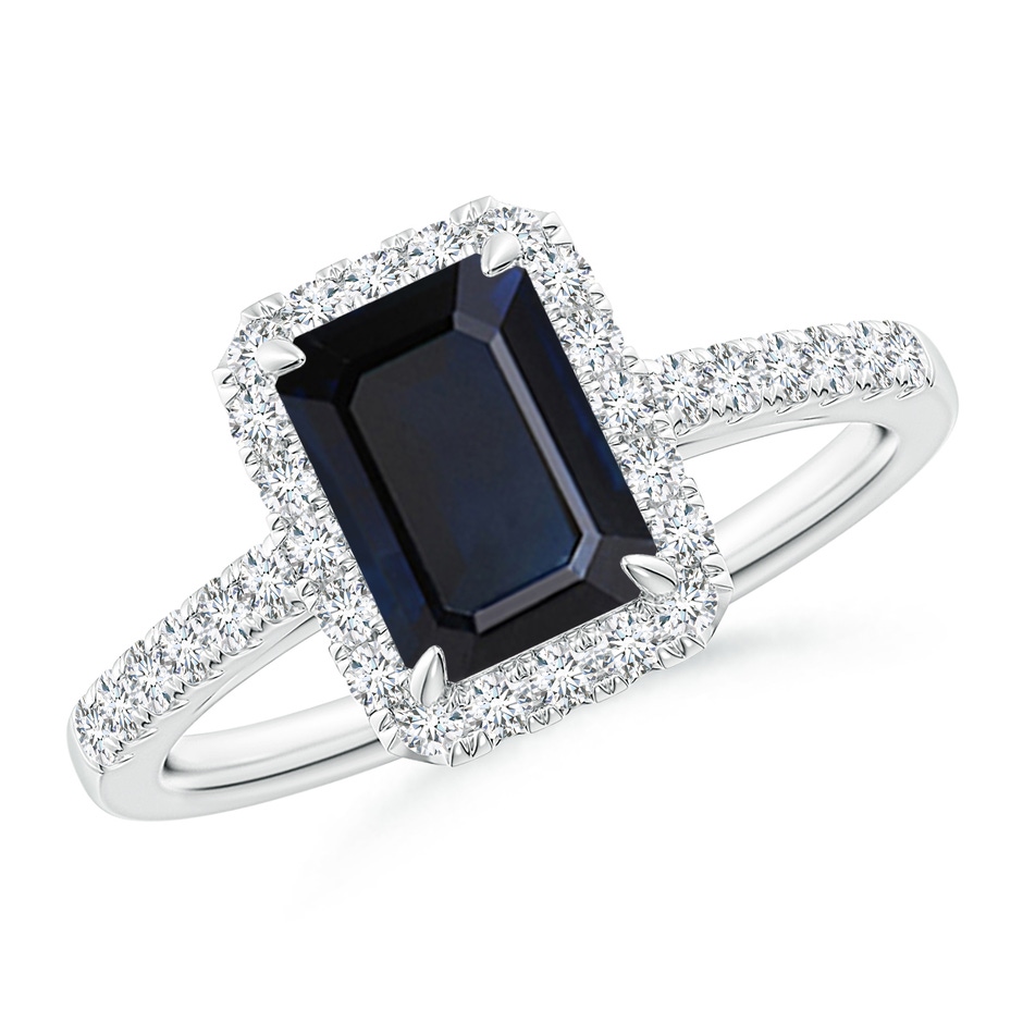8x6mm A Emerald-Cut Sapphire Ring with Diamond Halo in White Gold 